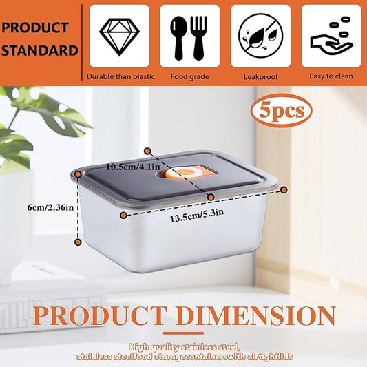 5pcs Stainless Steel Food Storage Containers with Lids, Leak Proof Food Container with Lids, Stainless Steel Lunch Box for Office Travel