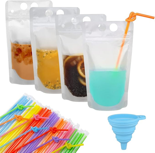 100 Pcs Zipper Plastic Pouches Drink Bags,Heavy Duty Hand-Held Translucent frosted Reclosable Stand-up Bag 2.4" Bottom Gusset with 100pcs Straws & Funnel Included