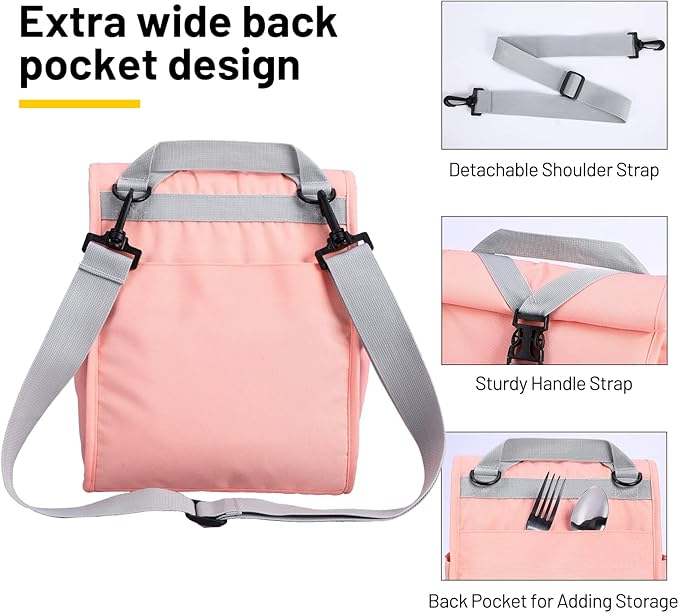 MIER Insulated Lunch Bag Roll Top Lunchbox for Women Men Adults Foldable Rolltop Lunch Tote with Shoulder Strap for Work Office Picnic, Water Bottle Holder, Pink
