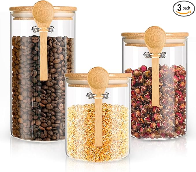 Airtight Glass Jars with Bamboo Lids and Spoon, Overnight Oats Jars, Glass Kitchen Canisters,Glass Food Storage Jars for Coffee, Sugar, Tea, Flour(3 Pack)