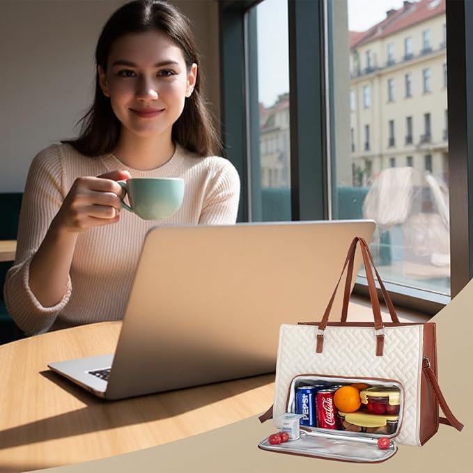 Lunch Tote Bag for Women, 15.6 inch Work Laptop Bag with Insulated Lunch Compartment - PU Leather Quilted Large Computer Handbag with Purse for Office Travel Casual - White