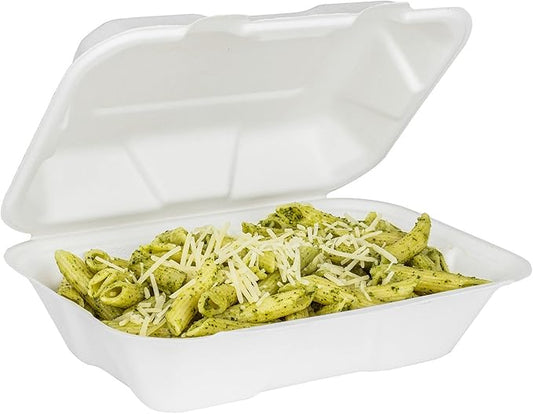 KARAT EARTH Clamshell Take Out Food Containers [9"x6", 200 ct ] Compostable To Go Containers, Natural Biodegradable Bagasse | White
