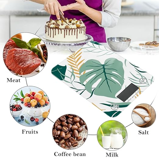 Food Scale Kitchen Digital Scale Food Ounces and Grams Dieting Baking Cooking Waterproof Glass Panels LCD Display,4 Units Scale Tare Function Palm Leaves