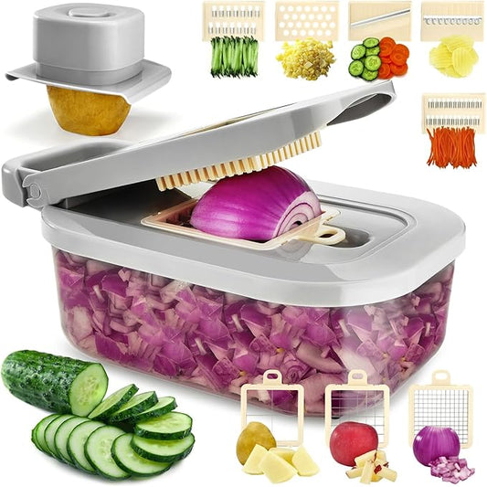 Vegetable Chopper 9-in-1, Onion cutter with 8 Blades, Food Shredding Container with Carrots, Eggs, Home Kitchen Essentials, Salad slicers, Cheese Grater and French Fries Cuts (Grey)