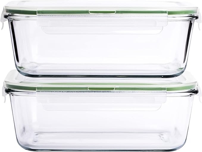 63 Oz 2 Pcs Large Glass Food Storage Containers 8 Cups Family Size Set Baking Containers with Locking Lids Storing food, BPA Free Leak Proof Microwave Oven Safe (2, 63 OZ)