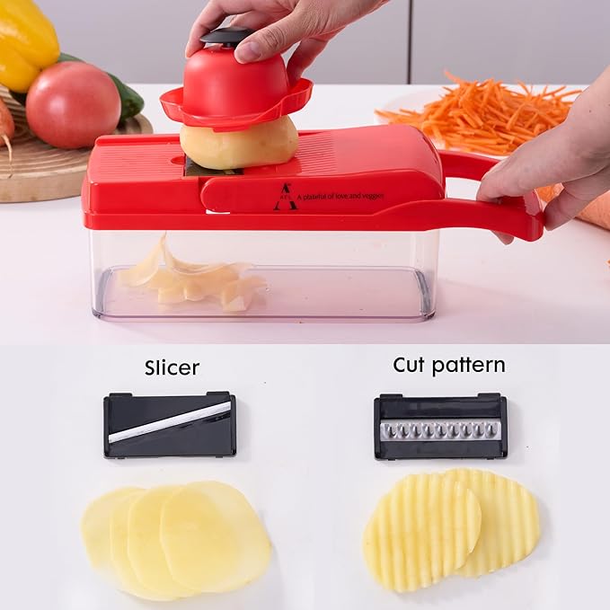 New 26 in 1 Ultimate Vegetable Chopper – Multi-Function Vegetable Slicer for Slice, Dice, Chop, Grate and Spiralize - Hand Kitchen Slicer for Food and Salad - Kitchen Essential (Red)