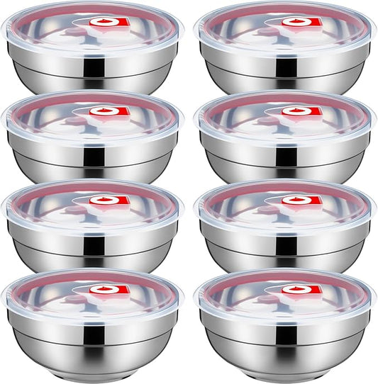 Honeydak 8 Pcs Stainless Steel Mixing Bowls with Lids Large Insulated Metal Double Walled Noodle Soup Snack Bowls Leak Proof Food Storage Container (44 oz)