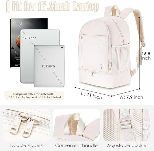 NOL Natural Organic Lifestyle Kids 2-in-1 Backpack & Insulated Lunch Bag-16 Multi-Functional Large Compartments Backpack for School & Travel, Double Deck, Water Resistant, Leak-proof, Padded (Cream)