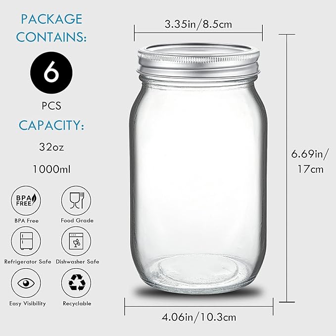 YEBODA 6 Pack Wide Mouth Mason Jars 32oz Glass Canning Jars with Airtight Lids and Bands for Preserving, Jam, Honey, Jelly, Wedding Favors, Sauces, Meal Prep, Overnight Oats, Salad, Yogurt