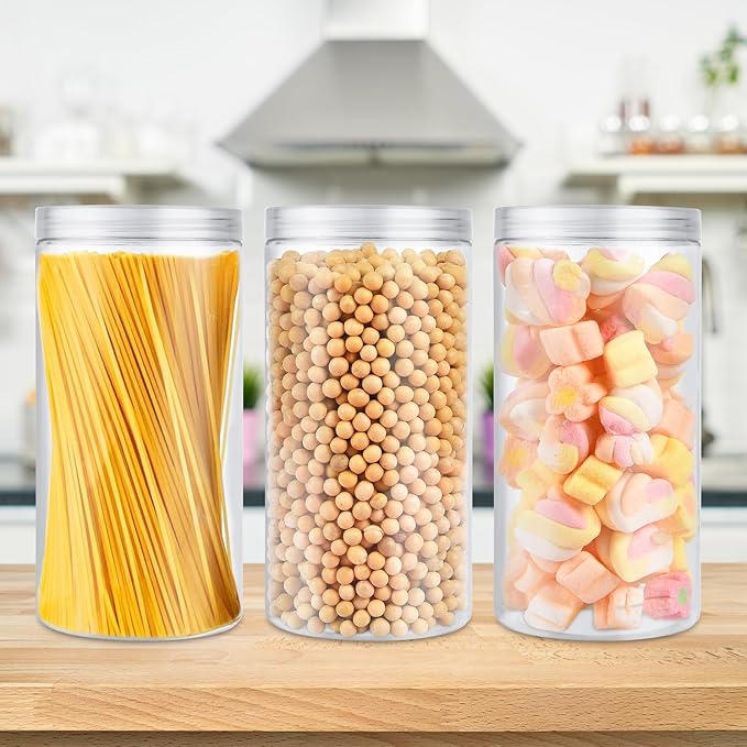 6 Pack 46oz/1360ml Large Plastic Jars with Lid, Wide Mouth Empty Clear PET Storage Containers with Lid, Tall Plastic Candy Cylinder Storage Jars for Dry Food, Peanut, Powder, Kitchen, Snacks