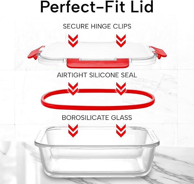 Zulay Kitchen 12 Pack Glass Meal Prep Containers with Lids - Airtight, Premium Borosilicate Glass Food Storage Containers - Microwave, Freezer & Oven Safe, BPA Free - Red