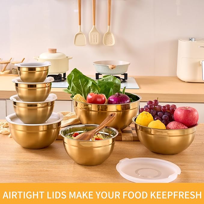 Gold Mixing Bowls With Airtight Lids,Stainless Steel Bowl,Salad Bowls 7 Piece Colorful Nesting Bowl Rainbow Kitchen Accessories,Size 7,3.6,2.7,2.1,1.5,1.1,0.8QT Stackable Design