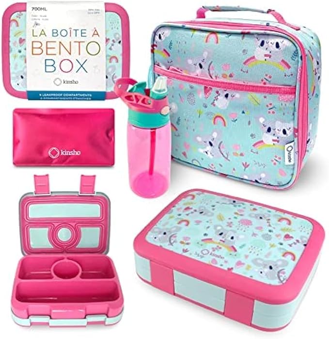 kinsho Bento Lunch Box with Water Bottle, Insulated Bag & Ice Pack Set for Kids Toddlers Girls, 4 Portion Sections, Removable Tray, Pre-School Kid Toddler Daycare Lunches, Snack Container, Pink Koala