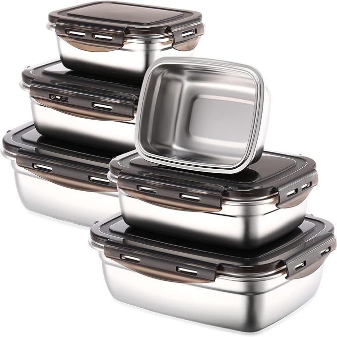 Nuanchu 6 Packs Stainless Steel Food Storage Containers Airtight Metal Food Containers Meal Prep Container Leak Proof Stackable Bento Lunch Box with Lids for Kitchen Travel Picnic and Camping(Black)
