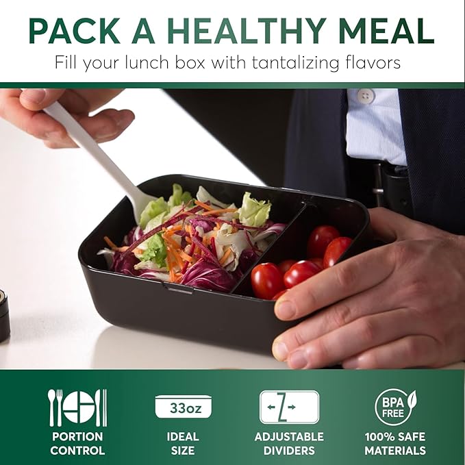 Umami Bento Box Adult All-in-1 w/ 4 Utensils, 100% Leakproof, Dishwasher & Microwave Safe Lunch Containers for Adults w/ 4 Compartments, Black, 34 oz