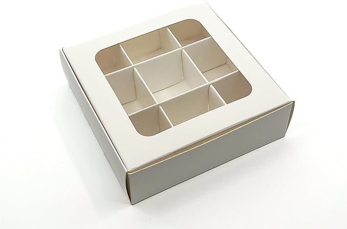 Treat boxes with window and dividers | 9 X-SMALL compartments | 5 x 5 x 1.57 in | Empty candy boxes for gift giving, truffle box - perfect for Valentine's Day | 10-pack (White)