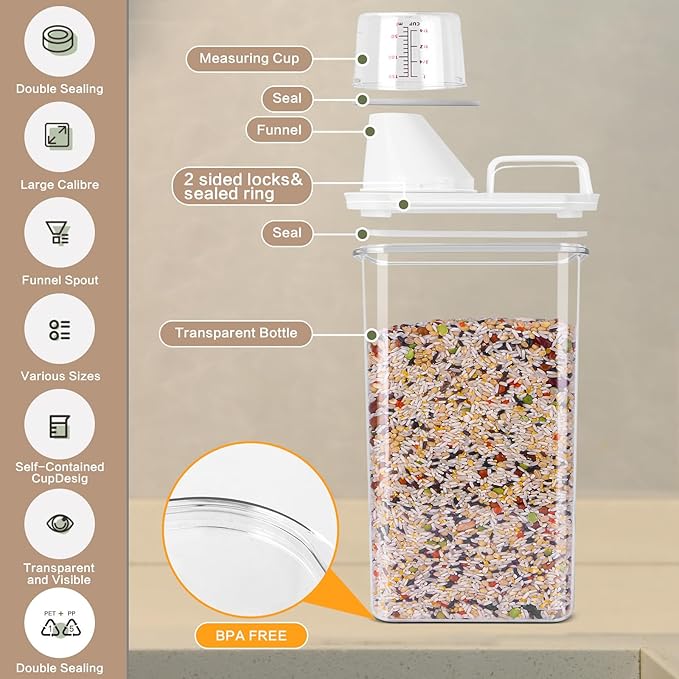 Air Tight Cereal Container Organizer Set of 6 - 1800ML & 2300ML Total 417oz, Dry Food Storage for Pet Food, Rice, Oatmeal with Pour Spout Lid and Plastic Small Measuring Cup for Flour and Sugar