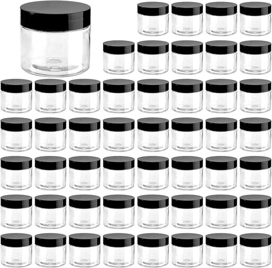 Tosnail 50 Pack 2.7 oz Clear Plastic Jars with Black Lids, Leak-Proof Round Food Safe Storage Containers for Kitchen Use, Beauty Products, Spices and More