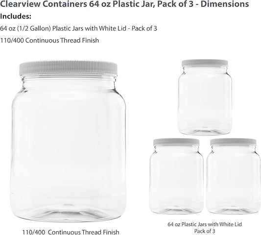 3 Pack of 64 Ounce Plastic Half Gallon Jars with 110/400 Leak Proof Seal Lid - Food Grade and BPA Free (64oz, 3pk)