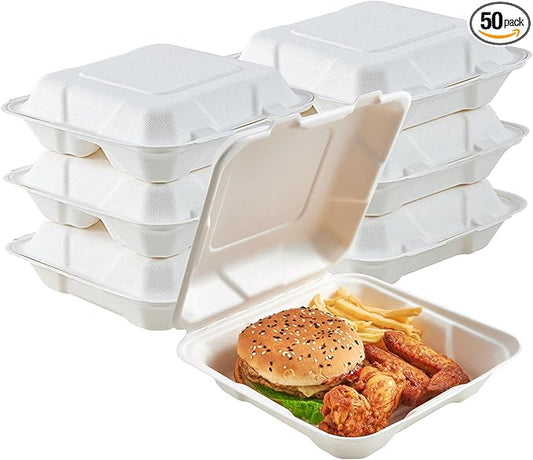ECOLipak 50 Pack Clamshell Take Out Food Containers, 100% Compostable Disposable To Go Containers, 8X8 inch Heavy-Duty To Go Boxes for Food