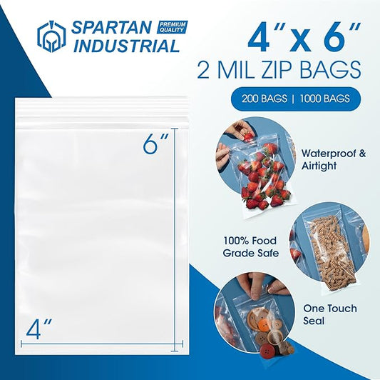 Spartan Industrial - 4” X 6” (200 Count) 2 Mil Clear Reclosable Zip Plastic Poly Bags with Resealable Lock Seal Zipper