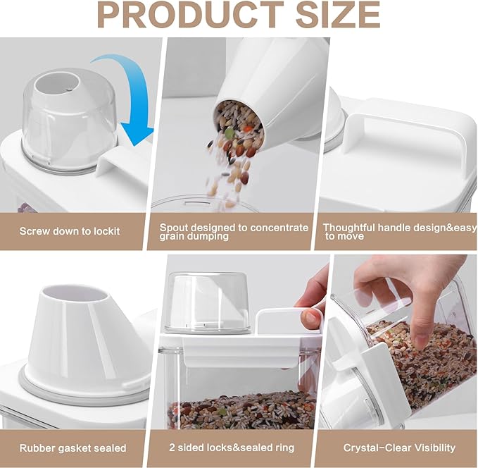 Air Tight Cereal Container Organizer Set of 2-2900ML Total 196oz, Dry Food Storage for Pet Food, Rice, Oatmeal with Pour Spout Lid & Small Plastic Measuring Cup for Flour and Sugar