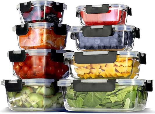 EATEX 16pc Glass Food Storage Containers with Lids, Airtight Glass Meal Prep Containers, 8 Reusable Glass Food Containers with 8 Leakproof Snap Lock Lids, Oven Microwave Freezer Safe Lunch Containers