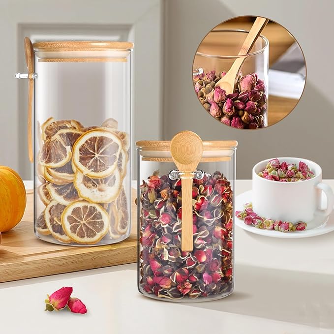 Airtight Glass Jars with Bamboo Lids and Spoon, Overnight Oats Jars, Glass Kitchen Canisters,Glass Food Storage Jars for Coffee, Sugar, Tea, Flour(3 Pack)