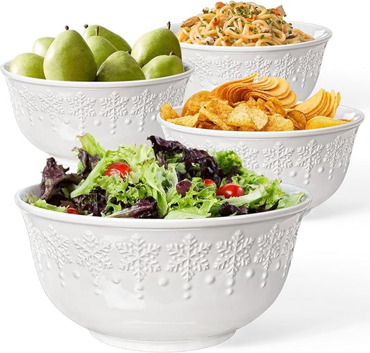 Large Salad Bowls Set of 4, 60oz White Serving Bowls Deep Deep Embossed Ceramic Mixing Bowl for Soup Kitchen, Eating, Ramen, Pasta, Dishwasher & Microwave Safe 8 inch (Snowflake)