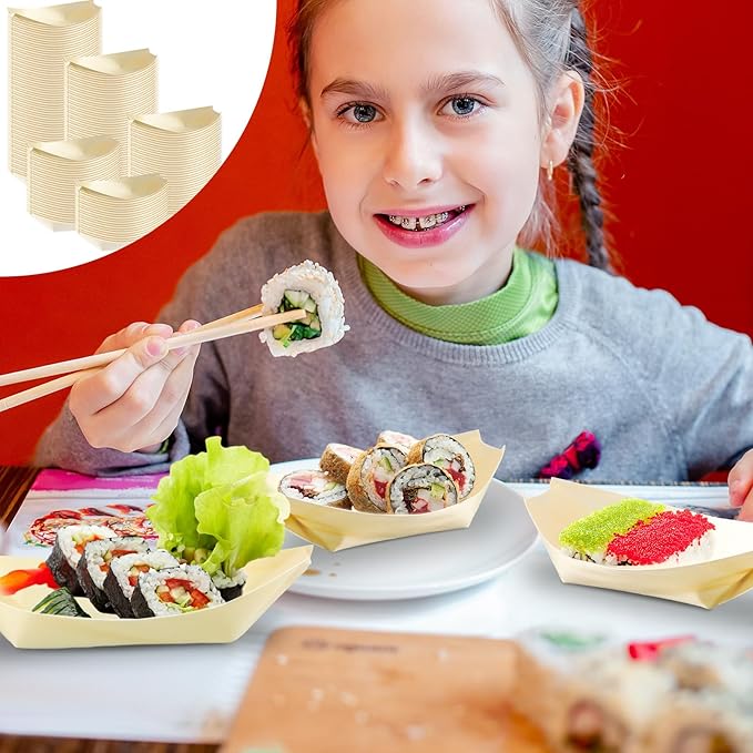 Hoolerry 1000 Pcs Disposable Wood Boat Plates Dishes 4 Inches Bamboo Plates Sushi Boat Disposable Bamboo Leaf Dish Serving Tray Food Container Wood Bowl For Catering Home