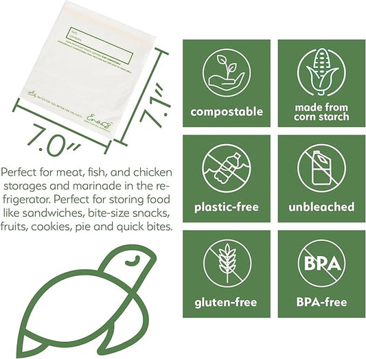 100% Compostable Food Storage Bags [Quart 100 Pack] Eco-Friendly Freezer Bags, Resealable Bags, Heavy-Duty, Reusable, Off-White by Earth's Natural Alternative