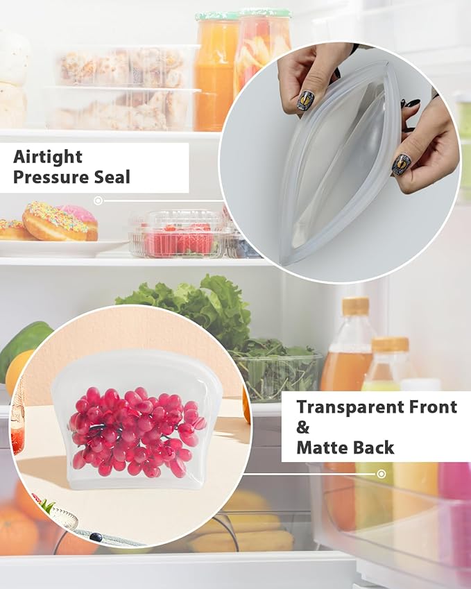 Reusable Silicone Storage Bag, 8Pack Pocket, Snack, and Sandwich Bag, Endurables Seal-Top Silicone Bags for Food Storage, Freezer, Microwave, Oven, Dishwasher Safe (Clear & Mint Green)