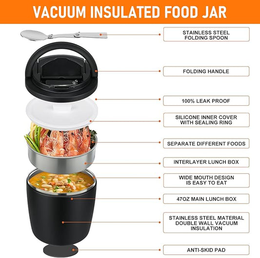 40oz Insulated Lunch Containers for Adults Soup Thermo for Hot Food Jar Wide Mouth Leak Proof Vacuum Stainless Steel Thermal Bento Box with Buckle Lid and Spoon