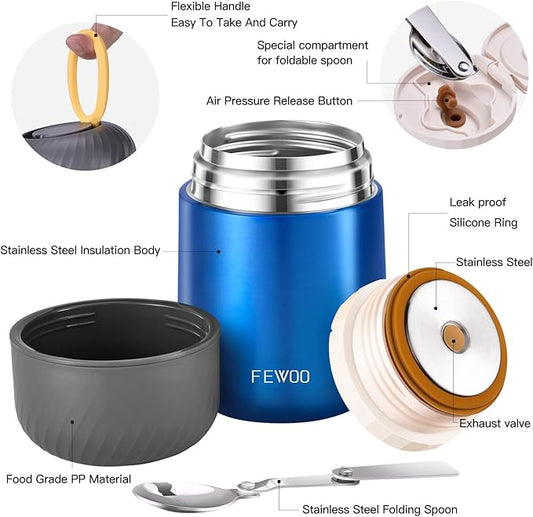 FEWOO Food Jar - 20oz Vacuum Insulated Soup Container, Stainless Steel Lunch Box for Kids Adult, with Folding Spoon for Hot or Cold Food (Bright Blue)