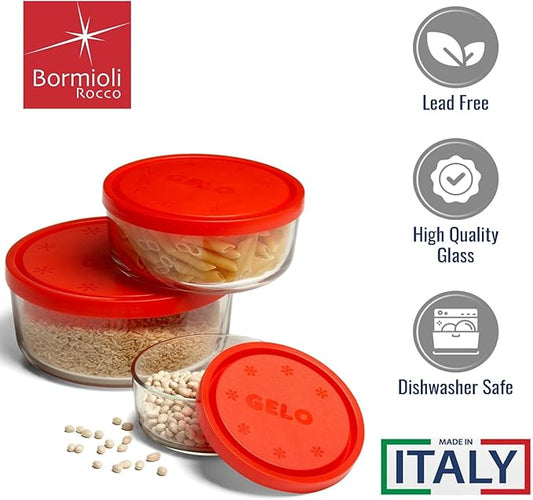 Bormioli Rocco Gelo 4pc Glass Storage Container/Food Storage Set with Red Lid (11.75 oz., 24.25 oz., 44.75 oz., 93.75 oz.)