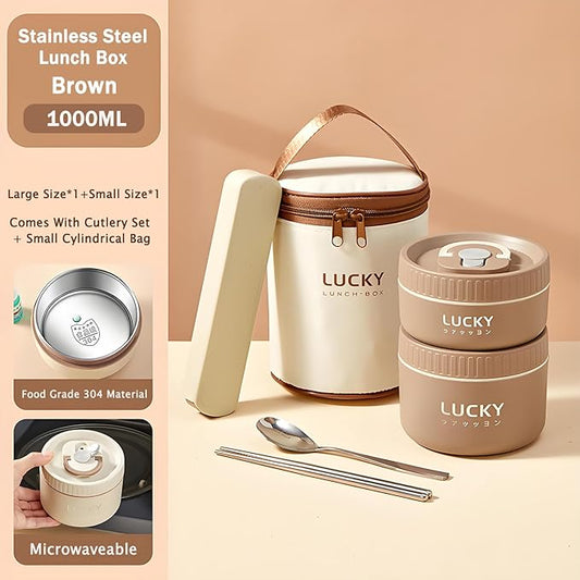 Stainless Steel Lunch Box, 3-Tier Insulated Bento Box Microwave Safe Soup Bowl for Adults, Thermal Food Container for Office Workers (Brown, 2pcs + Tableware + Insulated Bag)