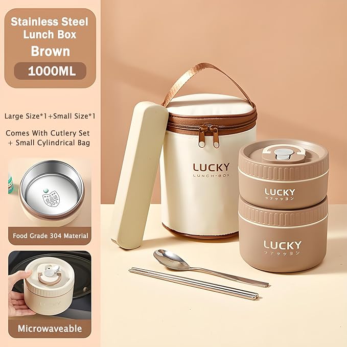 Stainless Steel Lunch Box, 3-Tier Insulated Bento Box Microwave Safe Soup Bowl for Adults, Thermal Food Container for Office Workers (Brown, 1pcs, 400ml)