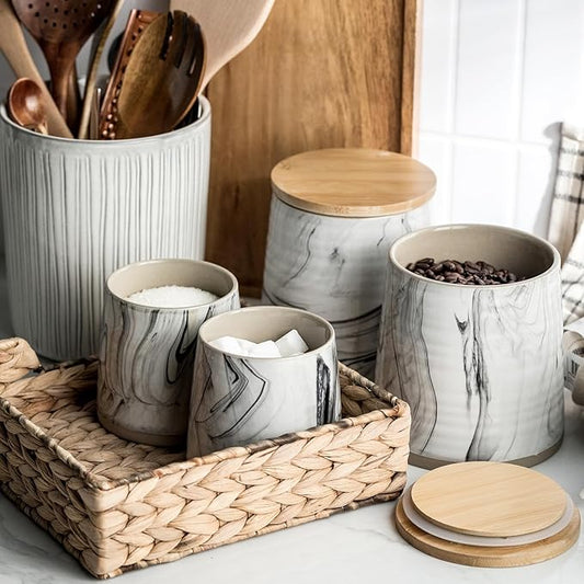 Ceramic Airtight Containers, Wide Mouth Food Storage Jars with Sealing Wooden Lids, Cereal Sugar Tea Coffee Bean Cookie Flour Canisters - Marble Design