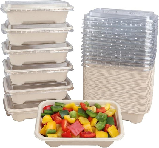 18 oz Rectangle Disposable bowls with clear lids,Sugarcane Fiber Bowls take away food containers Plant Fibers 50 PACK