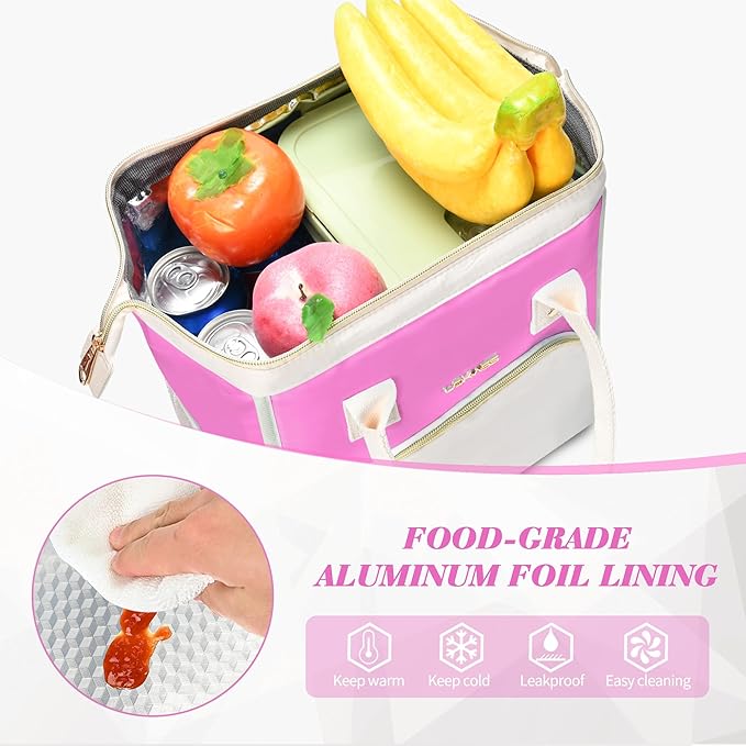 LOKASS Lunch Bag Women Insulated Lunch Box, Wide-Open Lunch Tote Bag Leak-proof Cooler Bag for Work Picnic-（Neon Pink）