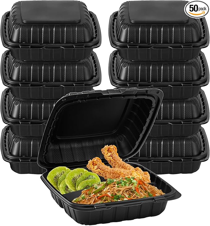 8" X 8" 3-Compartment To Go Food Take Out Containers Boxes With Lids | 50 Pack Microwaveable Black Mineral-Filled Disposable Togo Plates Clamshell Containers With Dividers For Lunch Home Carry Away