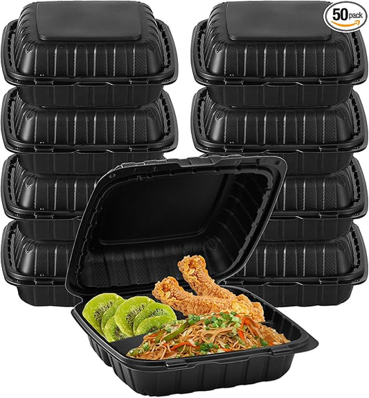 8" X 8" 3-Compartment To Go Food Take Out Containers Boxes With Lids | 50 Pack Microwaveable Black Mineral-Filled Disposable Togo Plates Clamshell Containers With Dividers For Lunch Home Carry Away