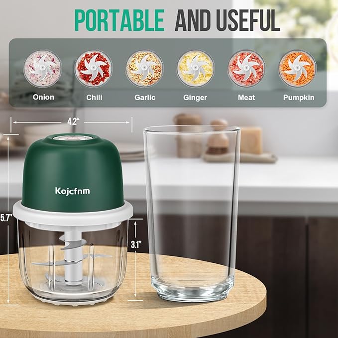 Electronic mini Food Slicer, Garlic Chopper, Small Vegetable Processor, Wireless Rechargeable Dicer, Veggie Rolling Blender, Spice Masher, Onion Cut Mincer, 350ml Glass Bowl, 6 Blades, Dark Green.