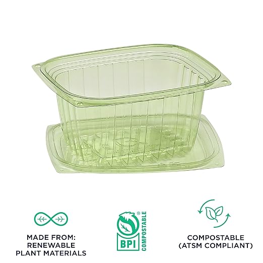 ECO PRODUCTS Compostable 16oz Rectangular Deli Containers With Lids, Pack of 100, Veridian Clear Green Meal Prep, Made from PLA, A Renewable Material Made from Plants, One Lid Fits All