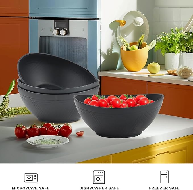 65 OZ Large Bowls Set Wheat Straw Bowls Set 4 PCS, Unbreakable Salad Bowls Reusable Mixing Bowls Set Microwave & Dishwasher Safe Kitchen Bowls for Salad, Cereal, Soup and Oatmeal (Black)
