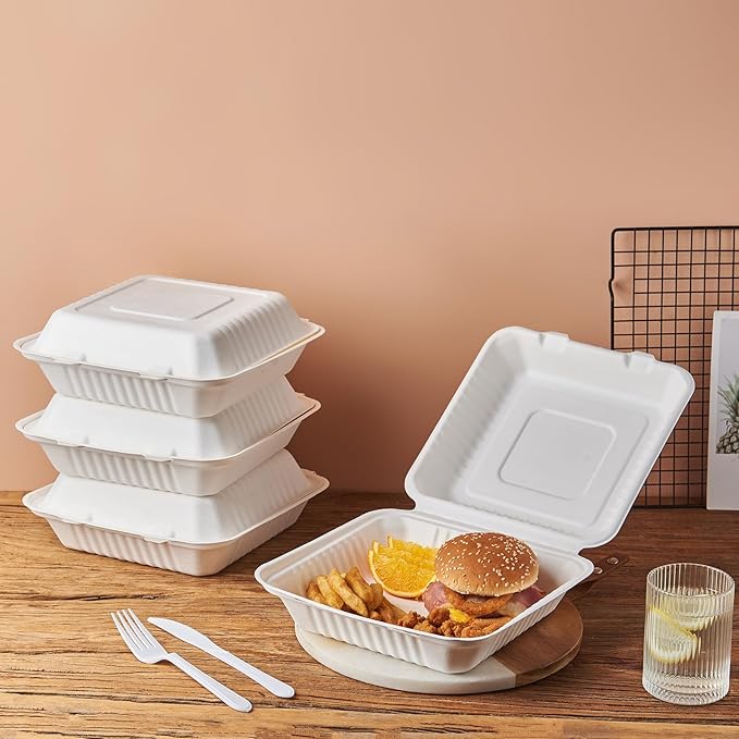 [9X9 1-Compartment 75-Pack Bio Natural Clamshell Take Out Food Containers with Lids, Disposable Bagasse Togo Plates, Eco-Friendly Biodegradable Made of Sugar Cane Fibers