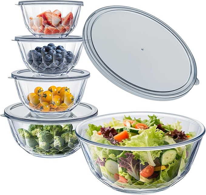 Glass Mixing Bowls with Lids Set of 5（4.70QT,2.85QT, 1.69QT,1.11QT,0.85QT,Glass Bowls with Lids,Large Salad Bowls Space-Saving Nesting for Cooking,Baking,Prepping,Dishwasher Safe