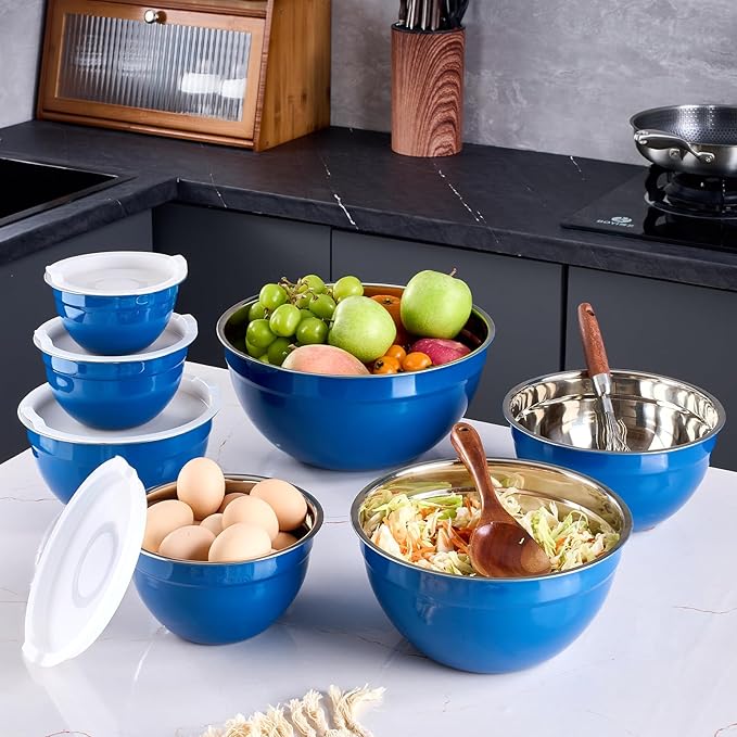 Blue Mixing Bowls With Airtight Lids,Stainless Steel Bowl,Salad Bowls 7 Piece Colorful Nesting Bowl Rainbow Kitchen Accessories,Size 7,3.6,2.7,2.1,1.5,1.1,0.8QT Stackable Design