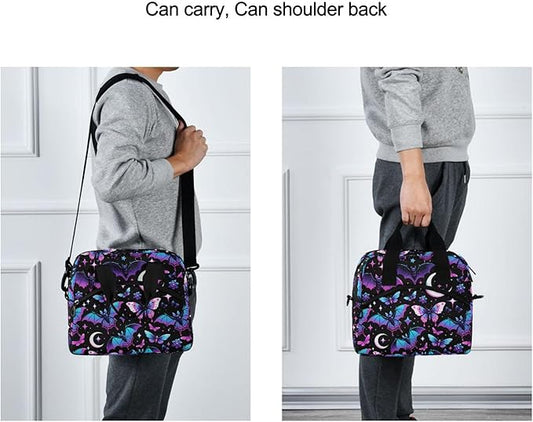 MNSRUU Insulated Lunch Bag Neon Purple and Bats Stars and Moons Women Men Fabric Dinner Tote Cooler Bag Reusable Leakproof Lunch Box with Adjustable Shoulder Handles Strap For Work School