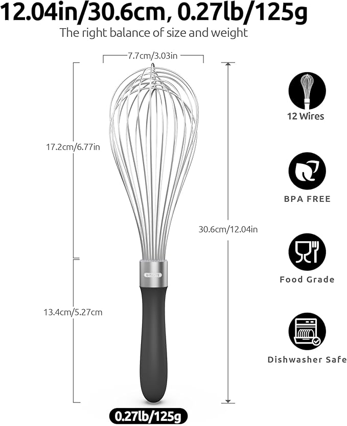 18/8 Stainless Steel Measuring Spoons Set for Dry and Liquid Ingredients (Set of 6), and 18/10 Stainless Steel Balloon Whisk for Kitchen Cooking with 12 Flex Wires (Black)